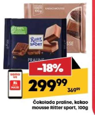 Čokolada praline, kakao mousse Ritter Sport, 100g