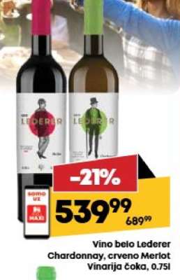 Vino belo Lederer Chardonnay, crveno Merlot Vinarija Čoka, 0,75l