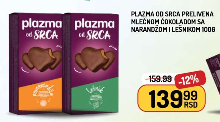 Plazma od srca prelivena mlečnom čokoladom sa narandžom i lešnikom 100g
