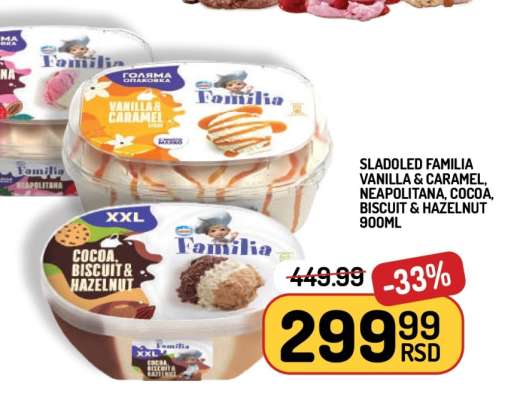 Sladoled Familia Vanilla & Caramel, Neapolitana, Cocoa, Biscuit & Hazelnut 900ml