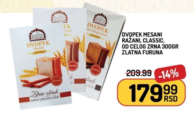 Dvopek Mesani Razani, Classic, od Celog Zrna 300gr Zlatna Furuna