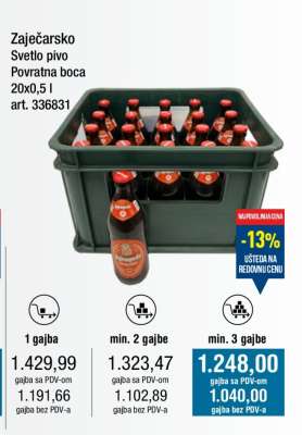 Zaječarsko Svetlo pivo Povratna boca 20x0,5 l