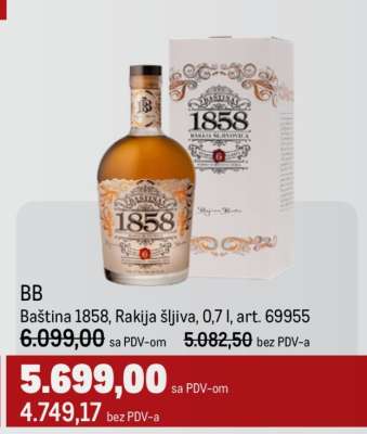 BB Baština 1858, Rakija Šljiva, 0,7 l, art. 69955
