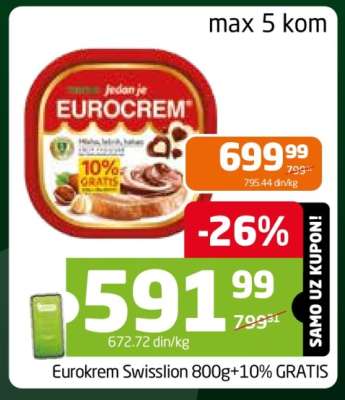 Eurokrem Swisslion 800g+10% GRATIS