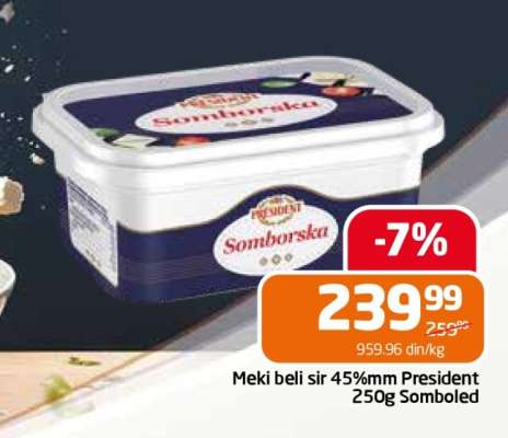 Meki beli sir 45%mm President 250g Somboled