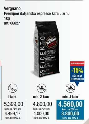 Vergnano Premium italijanska espresso kafa u zrnu 1kg