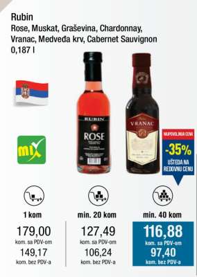 Rubin Rose, Muskat, Graševina, Chardonnay, Vranac, Medveđa krv, Cabernet Sauvignon 0,187 l