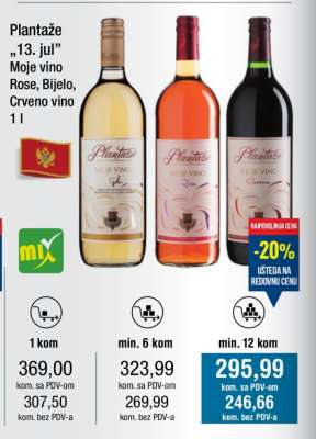Plantaže „13. jul” Moje vino Rose, Bijelo, Crveno vino 1 l