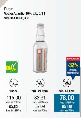 Rubin Vodka Atlantic 40% alk, 0,1 l Vinjak-Cola 0,33 l
