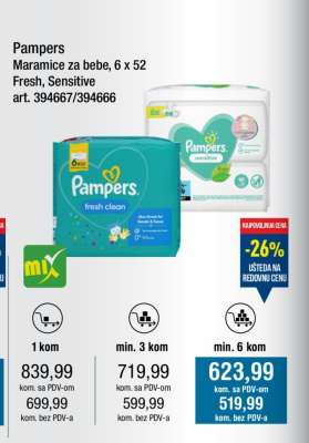 Pampers Maramice za bebe, 6 x 52