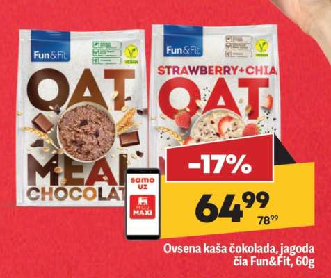 Ovsena kaša čokolada, jagoda čia Fun&Fit, 60g