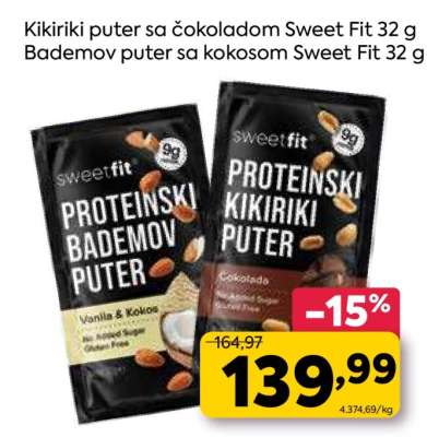 Kikiriki puter sa čokoladom Sweet Fit 32 g Bademov puter sa kokosom Sweet Fit 32 g
