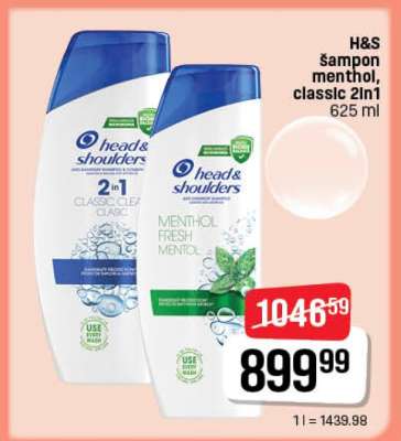H&S šampon menthol, classic 2in1 625 ml