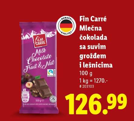 Fin Carré Mlečna čokolada sa suvim grožđem i lešnicima