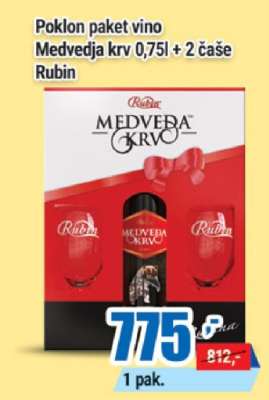 Poklon paket vino Medvedja krv 0,75l + 2 čaše Rubin