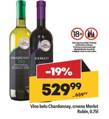 Vino belo Chardonnay, crveno Merlot Rubin, 0,75l