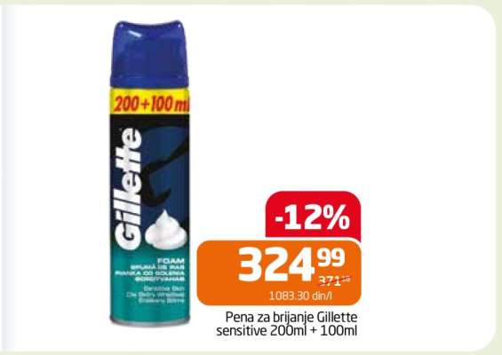 Pena za brijanje Gillette sensitive 200ml + 100ml