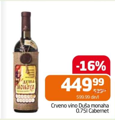 Crveno vino Duša monaha 0.75l Cabernet