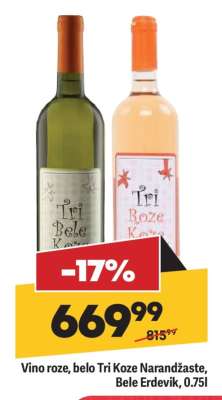 Vino roze, belo Tri Koze Narandžaste, Bele Erdevik, 0.75l