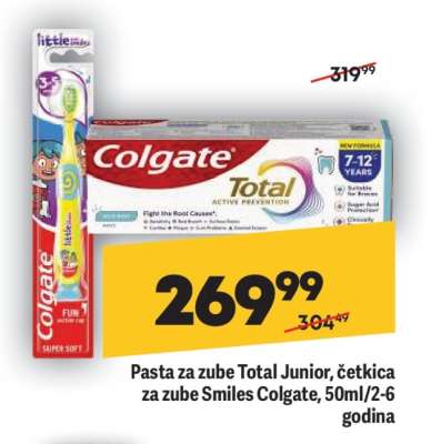 Pasta za zube Total Junior, četkica za zube Smiles Colgate, 50ml/2-6 godina
