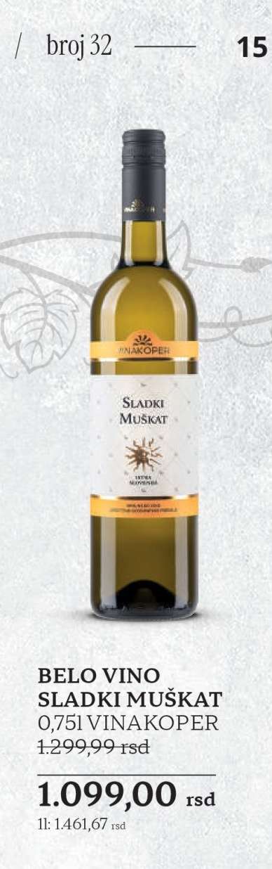 BELO VINO SLADKI MUŠKAT 0,75l VINAKOPER