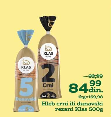 Hleb crni ili dunavski rezani Klas 500g