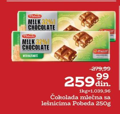 Čokolada mlečna sa lešnicima Pobeda 250g