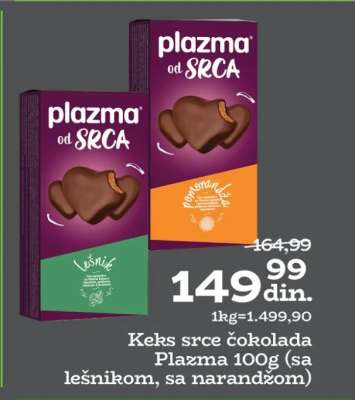 Keks srce čokolada Plazma 100g (sa lešnikom, sa narandžom)