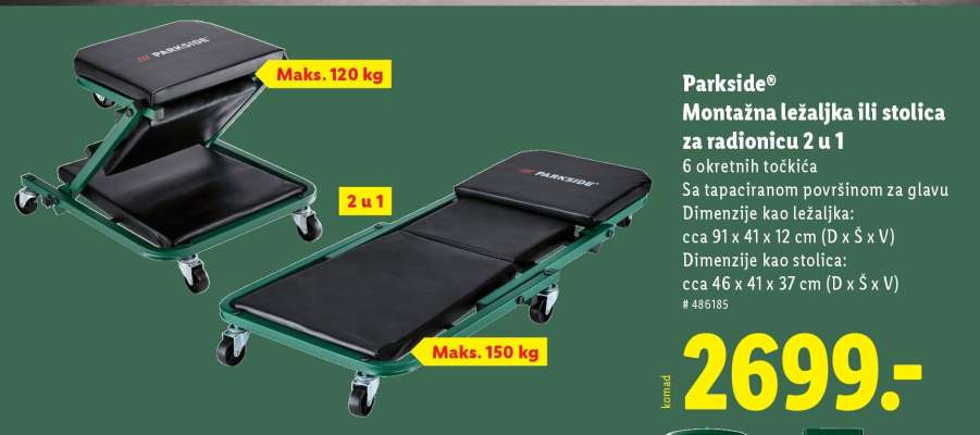 Parkside Montažna ležaljka ili stolica za radionicu 2 u 1