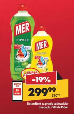 Deterdžent za pranje sudova Mer duopack, 750ml + 450ml