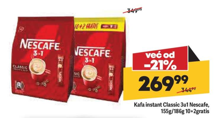 Kafa instant Classic 3u1 Nescafe 155g, 186g, 10+2 gratis