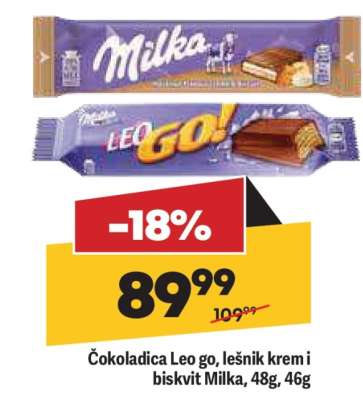 Čokoladica Leo go, lešnik krem i biskvit Milka, 48g, 46g