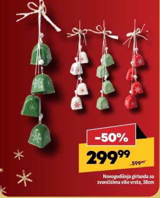 Novogodišnja girlanda sa zvončićima više vrsta, 38cm