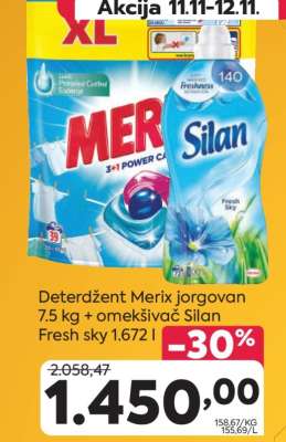 Deterdžent Merix jorgovan 7.5 kg + omekšivač Silan fresh sky 1.672 l