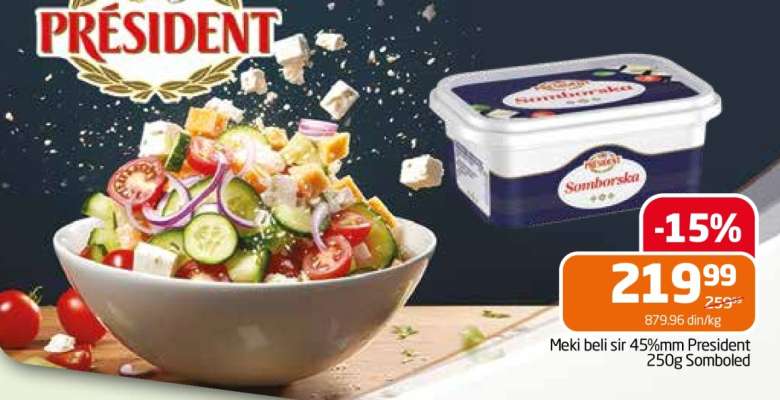 Meki beli sir 45%mm President 250g Somboled