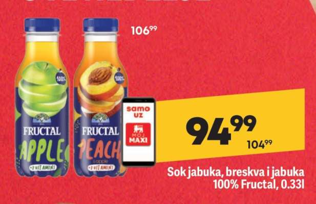 Sok jabuka, breskva i jabuka 100% Fructal, 0.33l
