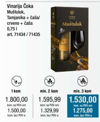 Vinarija Čoka Muštuluk, Tamjanika + čaša/ crveno + čaša 0,75 l