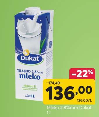 Mleko 2.8%mm Dukat 1l