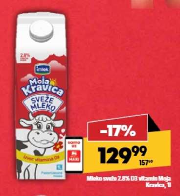 Mleko sveže 2.8% D3 vitamin Moja kravica, 1l