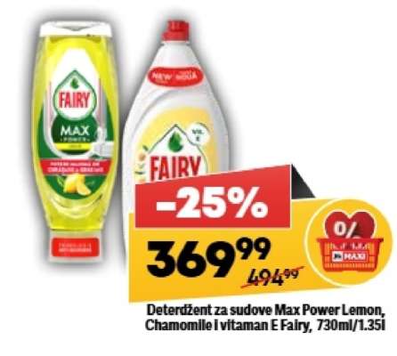 Deterdžent za sudove Max Power Lemon, Chamomile i vitaman E Fairy, 730ml/1.35l