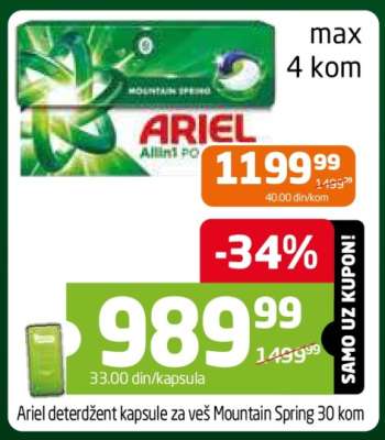 Ariel deterdžent kapsule za veš Mountain Spring 30 kom