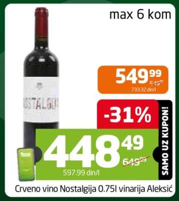 Crveno vino Nostalgija 0.75l vinarija Aleksić