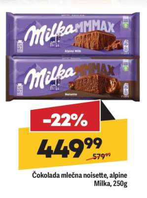 Čokolada mlečna noisette, alpine Milka, 250g