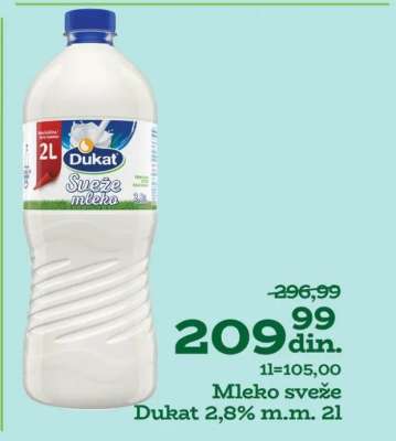 Mleko sveže Dukat 2,8% m.m. 2l