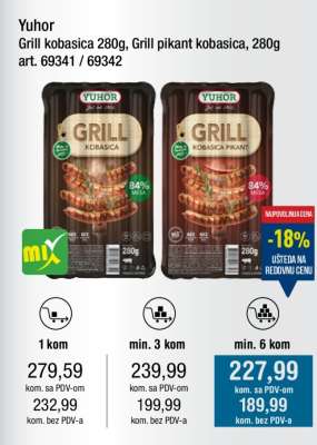 Yuhor Grill kobasica 280g, Grill pikant kobasica 280g