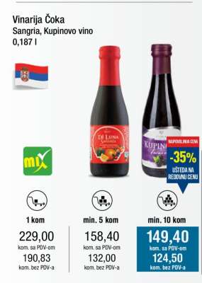 Vinarija Čoka Sangria, Kupinovo vino 0,187 l