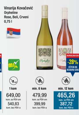 Vinarija Kovačević Orpheline Rose, Beli, Crveni 0,75 l