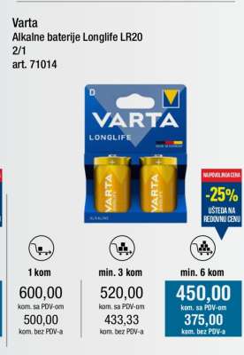 Varta Alkalne baterije Longlife LR20 2/1