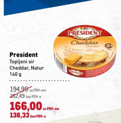President Topljeni sir Cheddar, Natur 140 g