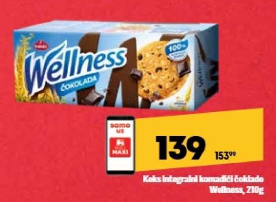 Keks integralni komadići čokolade Wellness, 210g